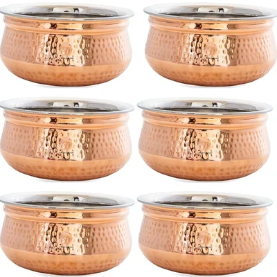 Pack of 6, 650ml Hammered Copper Serving Handi for Sauce, Chutney and Curry Presentation