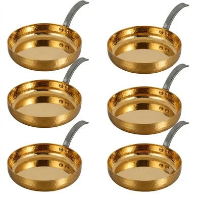 Pack of 6, Hammered 5.1 x 2.3 inch Stainless Steel Shallow Serving Pan with Handle, Gold Plated for Appetizers, Dips