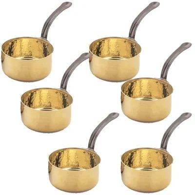 Pack of 6, Hammered 5.1X1.5 inch Gold Plated Serving Pan with Handle,Stainless Steel Body for Appetizers, Dips