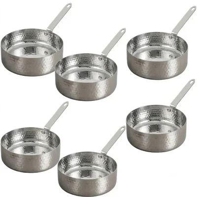 Pack of 6, 1.7x5.7 Inch Shallow Hammered SS Mini Serving Pan with Single Handle for Appetizers, Dips & Gastropub Dining
