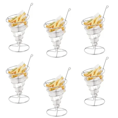 Pack of 6, 5.125X10.5 inch Serving Cone Basket, Electro Polish Stainless Steel for French Fries and Snacks