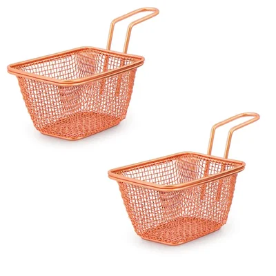 Pack of 2, Mini Serving Basket Rectangle, Copper Finish, 3.625x4.25x2.625 Inch Wire Mesh Appetizer Fry Server