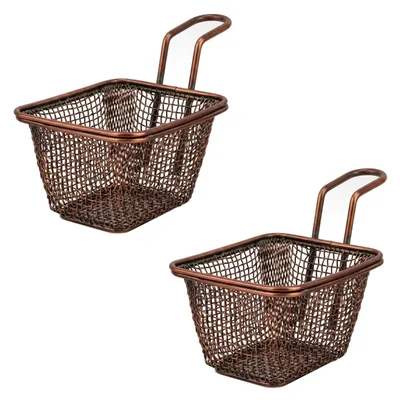 Pack of 2, Mini Serving Basket Rectangle, Antique Copper Finish, 3.625x4.25x2.625 Inch Wire Mesh Appetizer Fry Server