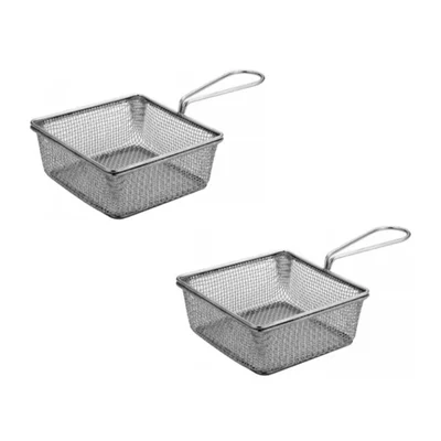 Pack of 2, Mini Serving Basket Square, Electro Polish Stainless Steel, 6X6X2 Inch Wire Mesh Appetizer Fry Server