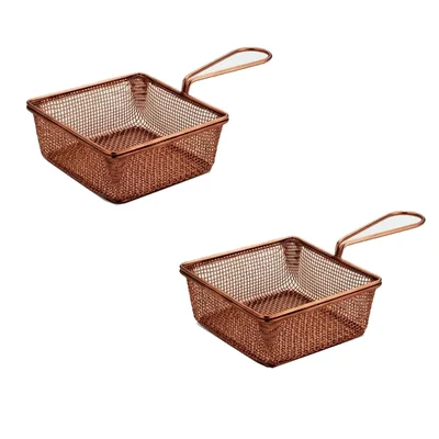 Pack of 2, Mini Serving Basket Square, Copper Finish, 5X5X2 Inch Wire Mesh Appetizer Fry Server