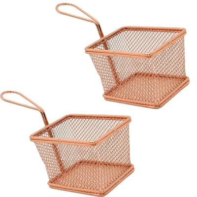 Pack of 2, Mini Serving Basket Rectangle, Electro Polish Copper, 4X5X3 inch Wire Mesh Appetizer Fry Server