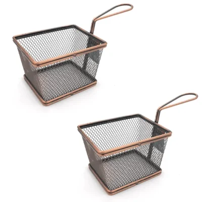 Pack of 2, Mini Serving Basket Rectangle, Electro Polish Anitque Copper, 4X5X3 inch Wire Mesh Appetizer Fry Server