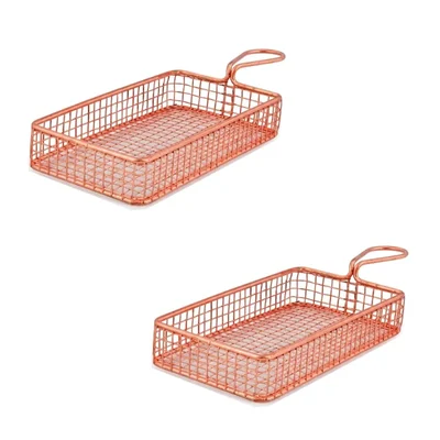 Pack of 2, Mini Serving Basket Rectangle, Copper Finish, 8.5X4.25X1.375 inch Wire Mesh Appetizer Fry Server