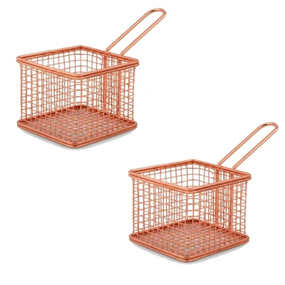 Pack of 2, Mini Serving Basket Square, Copper Finish, 4X4X3 inch Wire Mesh Appetizer Fry Server