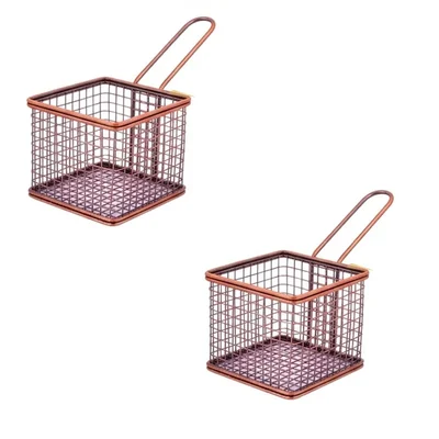 Pack of 2, Mini Serving Basket Square, Antique Copper Finish, 4X4X3 inch Wire Mesh Appetizer Fry Server