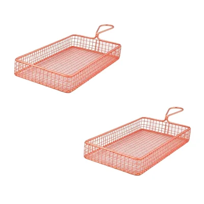 Pack of 2, Mini Serving Basket Rectangle, Copper Finish, 10.25X5.25X1.375 inch Wire Mesh Appetizer Fry Server