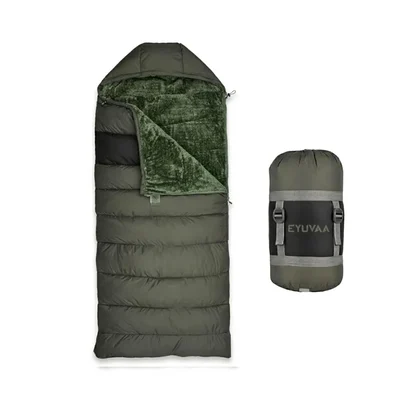 EYUVAA LABEL Camping Sleeping Bag -5°C to +5°C Winter Trekking Rectangle Faux Fur Fits 7.2ft Green