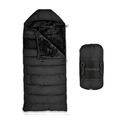 EYUVAA LABEL Camping Sleeping Bag -5°C to +5°C Winter Trekking, Faux Fur Fits Up to 7.2 ft Black for Trekking, Hiking