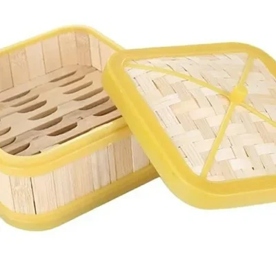 20cm Square Shaped Bamboo Based Wooden Dimsum Basket with Yellow Border