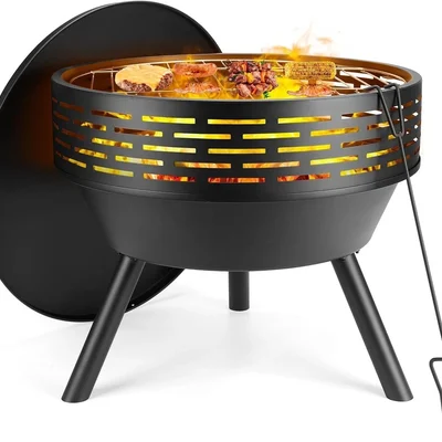 23-Inch Round Cast Iron Fire Pit with Lid, Wood Burning BBQ Grill Bowl, Includes Handle and Poker