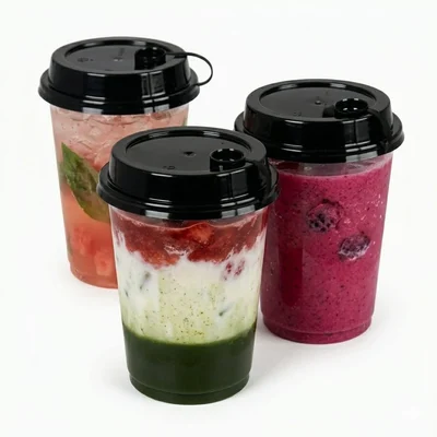 250ml x 500pcs Clear PP Round Glass with Black Lids, Juice & Beverage Glasses for Iced Coffee, Soda, Smoothies