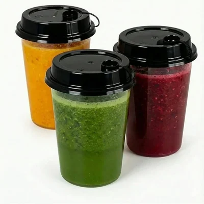 350ml x 500pcs Clear PP Round Glass with Black Lids, Juice & Beverage Glasses for Iced Coffee, Soda, Smoothies