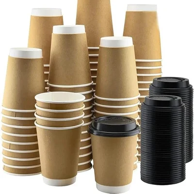 480ml Disposable Brown Double Wall Paper Cups 500 Pcs Heat Resistant Insulated Cup with Black Lid for Coffee, Cold Drink