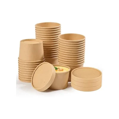 500ml x 1000pcs Disposable Kraft Paper Containers with Lid for Picnic, Travel, Food Truck