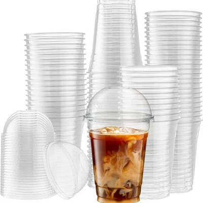 500ml x 500pcs Clear PET Glass with Dome Lids, Juice & Beverage Glasses for Iced Coffee, Soda, Smoothies