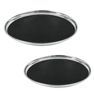 Combo of 10 inch & 11.75 inch SS Bar Tray with Vinyl Coated Base, Non-Slip Serving Tray for Bar, Restaurants & Catering