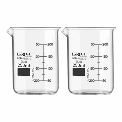 LABXPRT 250ml Borosilicate 3.3 Glass Beaker Pack of 2 for Chemistry Lab Graduation Marks