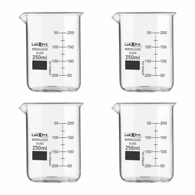 LABXPRT 250ml Borosilicate 3.3 Glass Beaker Pack of 4 for Chemistry Lab Graduation Marks