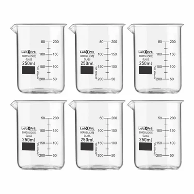 LABXPRT 250ml Borosilicate 3.3 Glass Beaker Pack of 6 for Chemistry Lab Graduation Marks