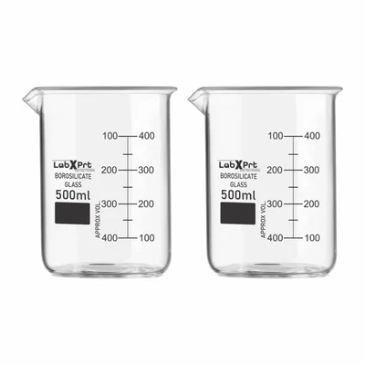 LABXPRT 500ml Borosilicate 3.3 Glass Beaker Pack of 2 for Chemistry Lab Graduation Marks