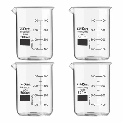 LABXPRT 500ml Borosilicate 3.3 Glass Beaker Pack of 4 for Chemistry Lab Graduation Marks
