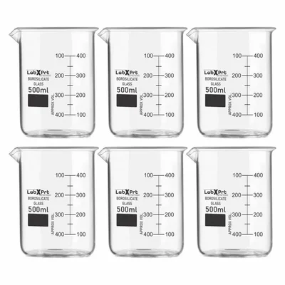 LABXPRT 500ml Borosilicate 3.3 Glass Beaker Pack of 6 for Chemistry Lab Graduation Marks