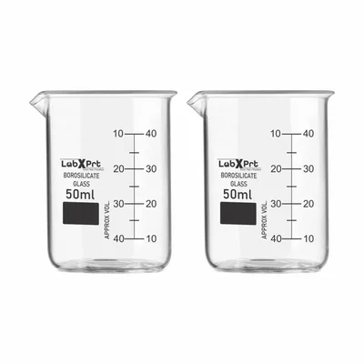 LABXPRT 50ml Borosilicate 3.3 Glass Beaker Pack of 2 for Chemistry Lab Graduation Marks