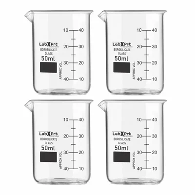 LABXPRT 50ml Borosilicate 3.3 Glass Beaker Pack of 4 for Chemistry Lab Graduation Marks