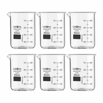 LABXPRT 50ml Borosilicate 3.3 Glass Beaker Pack of 6 for Chemistry Lab Graduation Marks