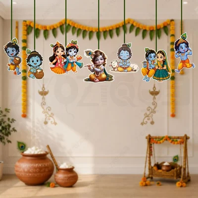 Pack of 10, Krishna Janmashtami Ceiling Hanging Set, 7pcs in a Pack, Festive Cardstock Cutouts for Bal Gopal Theme Party