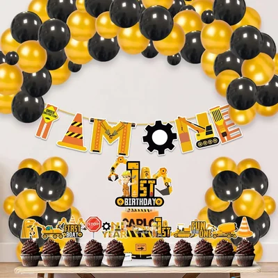 Pack of 2, 37 Pcs Under Construction Theme 1st Birthday Cake & Cupcake Toppers with I AM ONE Banner and Balloons for Boy
