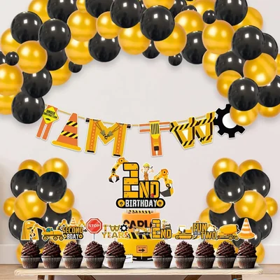 Pack of 2, 37 Pcs Under Construction Theme 2nd Birthday Cake & Cupcake Toppers with I AM TWO Banner and Balloons for Boy