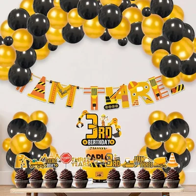 Pack of 2, 37 Pcs Under Construction Theme 3rd Birthday Cake & Cupcake Toppers with I AM THREE Banner and Balloons
