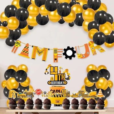 Pack of 2, 37 Pcs Under Construction Theme 4th Birthday Cake & Cupcake Toppers with I AM FOUR Banner and Balloons