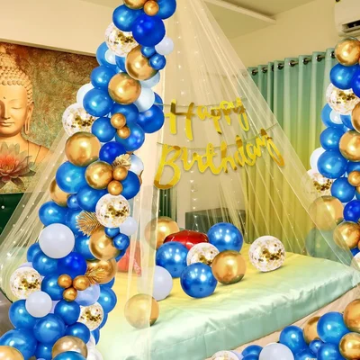 Pack of 3, 37pcs Cabana Tent Birthday Decorations Kit, Net Curtain for Decoration with Ligth, Blue, Gold & White Balloon