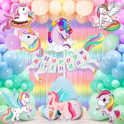 Pack of 3, 41pcs Unicorn Theme Birthday Decoration Items, Banner, Balloons, Foil Curtains, Cardstock, Glue Dot & Ribbon