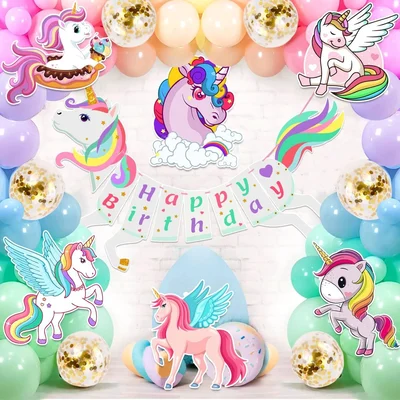 Pack of 3, 54pcs Unicorn Birthday Decoration Kit, Paper Banner, Cardstock Cutouts, Arch, Glue Dots, Balloons