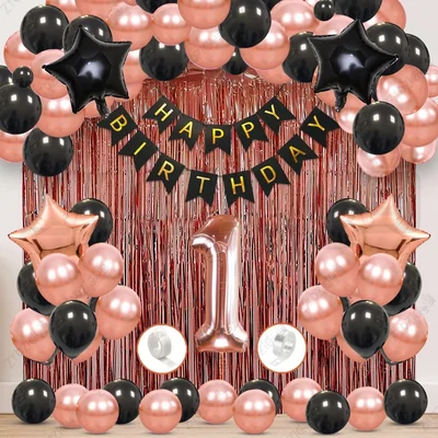 Pack of 3, 60pcs Birthday Party Decorations Set, Rose Gold & Black Balloons, Birthday Banner, Foil Curtain, Star Balloon