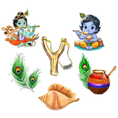 Pack of 5, Lord Krishna Janmashtami Cardstock Cutouts Set, 7pcs in a Pack, for Janmashtami Decoration