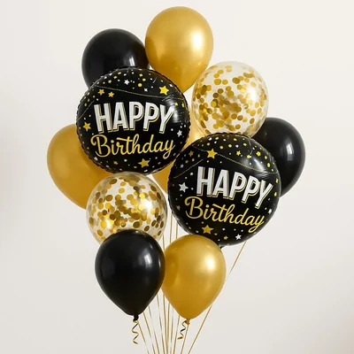 Pack of 5 x 20Pcs Kit of Black & Golden Happy Birthday Round Foil Balloon Combo, Decoration Items