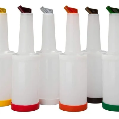 Pack of 6, 1 Litre Plastic Store and Pour Bottle, Color Coded Juice Pourer for Bar Service