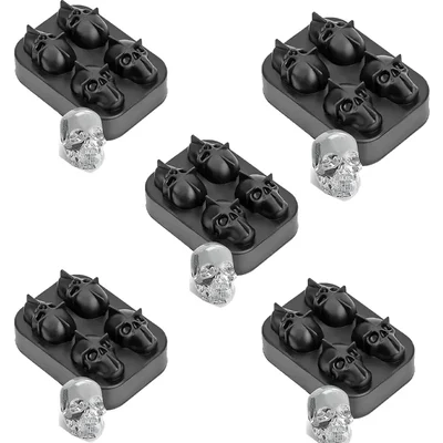 Smart Chef (SCS04) 3D Skull Ice Cube Tray, 4-Grid Flexible Silicone Mold with Lid- 5 Pieces for Whiskey, Cocktails