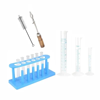 SBT Instruments 12 Lab Products- Plastic Cylinder 10ml, 25ml & 50ml, Stand, Holder & Brush with 6pcs Test Tubes 15X125mm