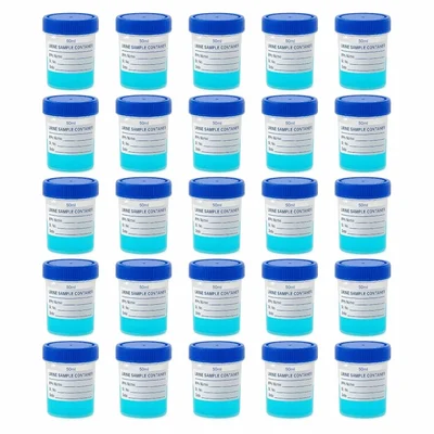 SBT Instruments 25pcs x 50ml Polypropylene Urine Sample Bottles with Lids and ID Label for Nursing, Hospitals, Medical College